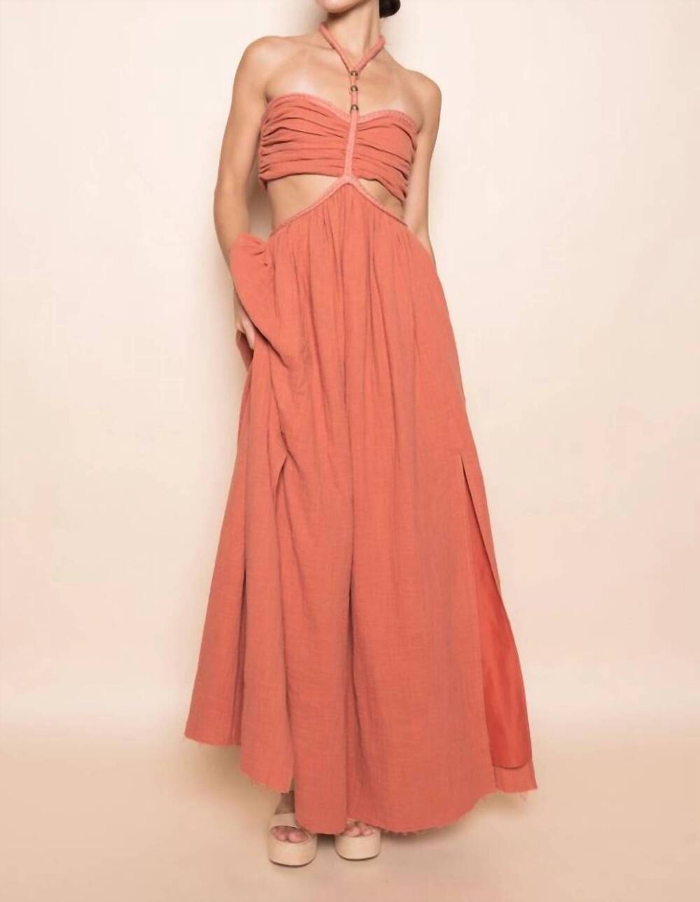 NEW FORE COLLECTION braided strap gold beadin cut out waist maxi dress in rust